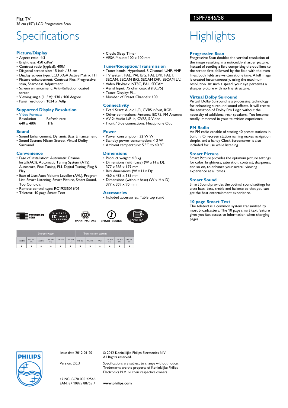 Specifications, Highlights | Philips 15PF7846 User Manual | Page 2 / 2