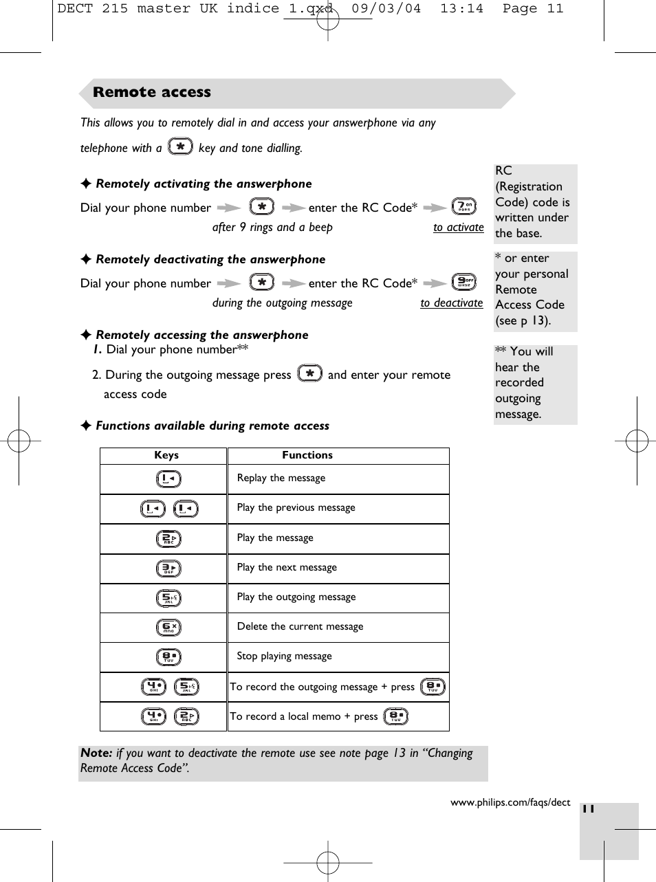 Remote access | Philips DECT 211  EN User Manual | Page 13 / 20