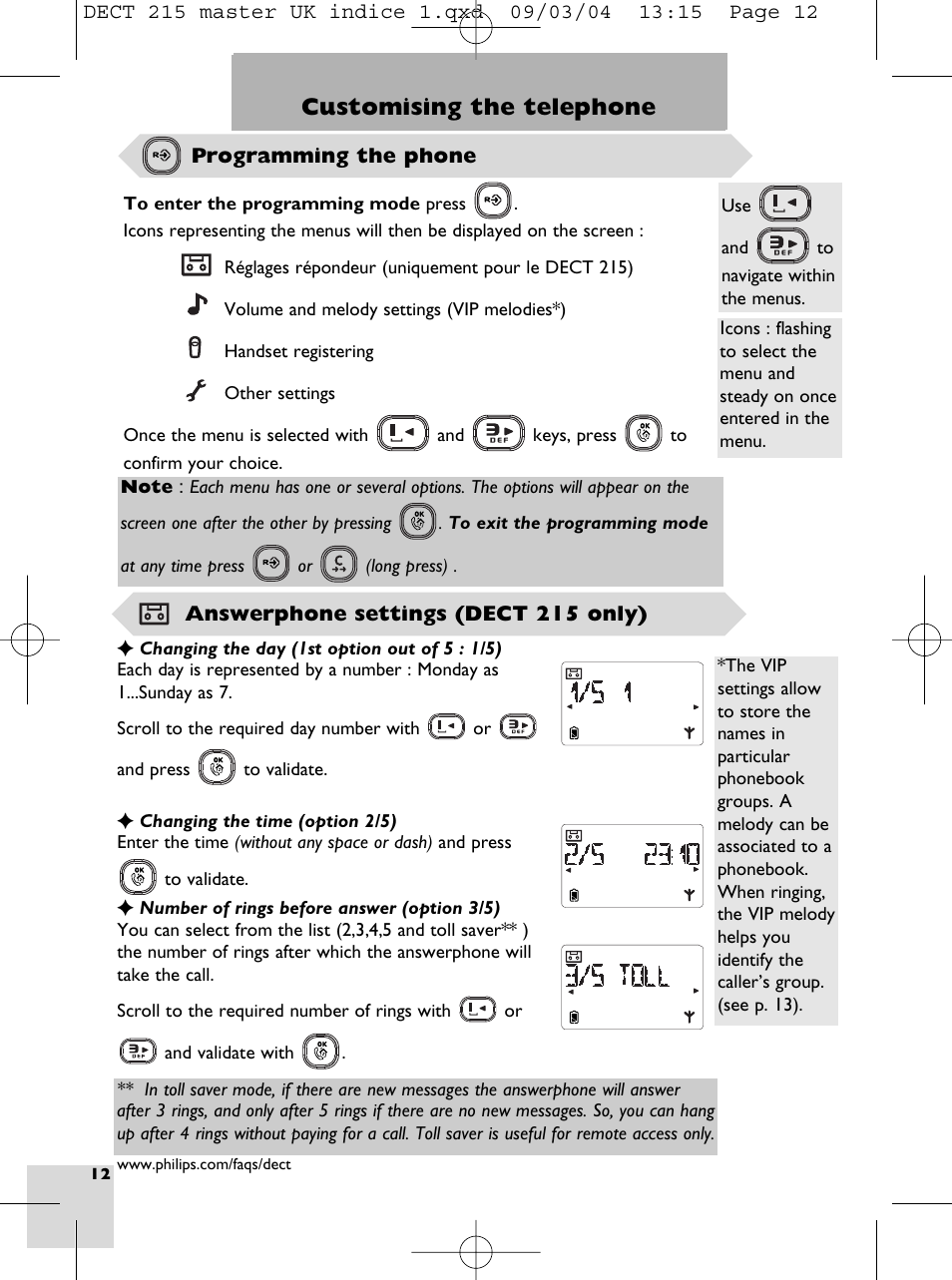 Customising the telephone | Philips DECT 211  EN User Manual | Page 14 / 20
