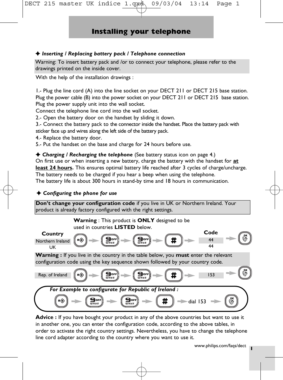 Installing your telephone | Philips DECT 211  EN User Manual | Page 3 / 20
