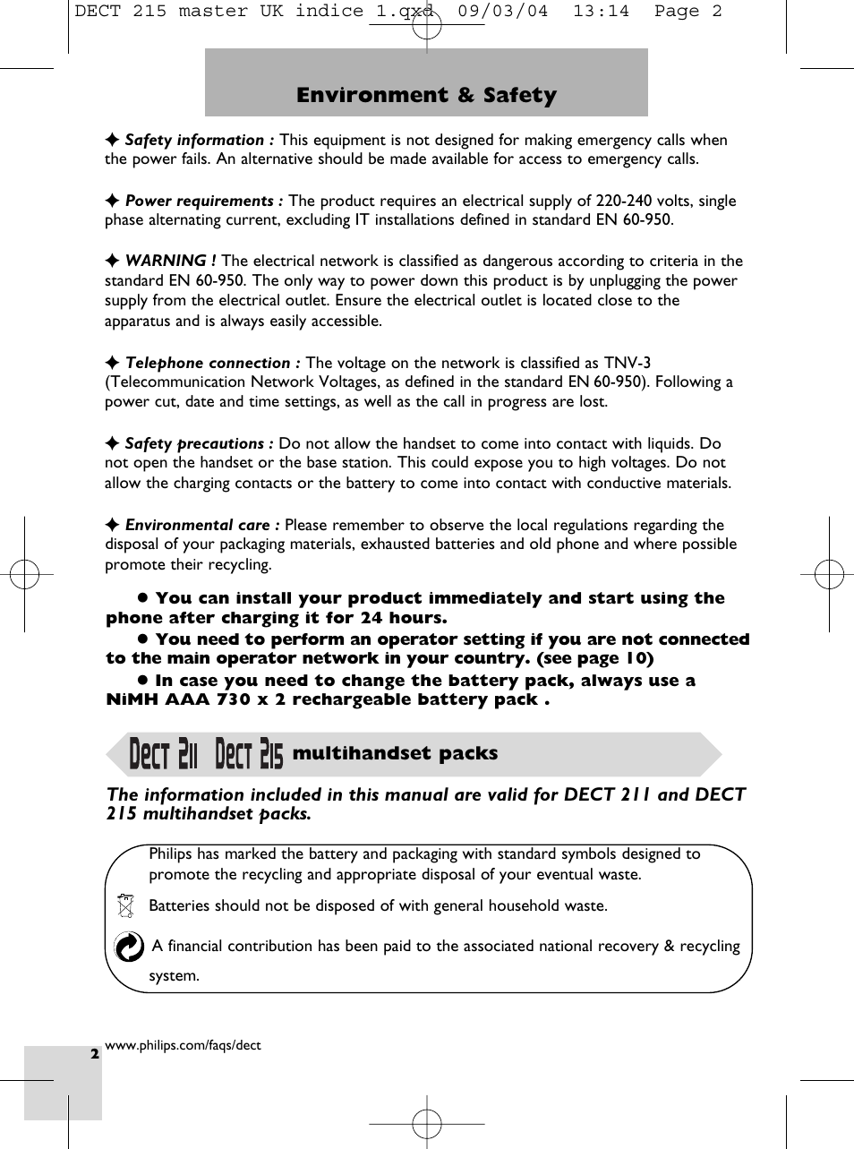 Environment & safety | Philips DECT 211  EN User Manual | Page 4 / 20