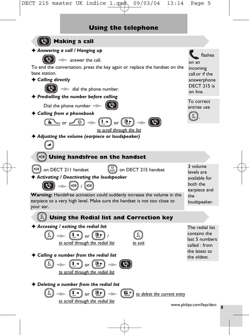 Using the telephone | Philips DECT 211  EN User Manual | Page 7 / 20