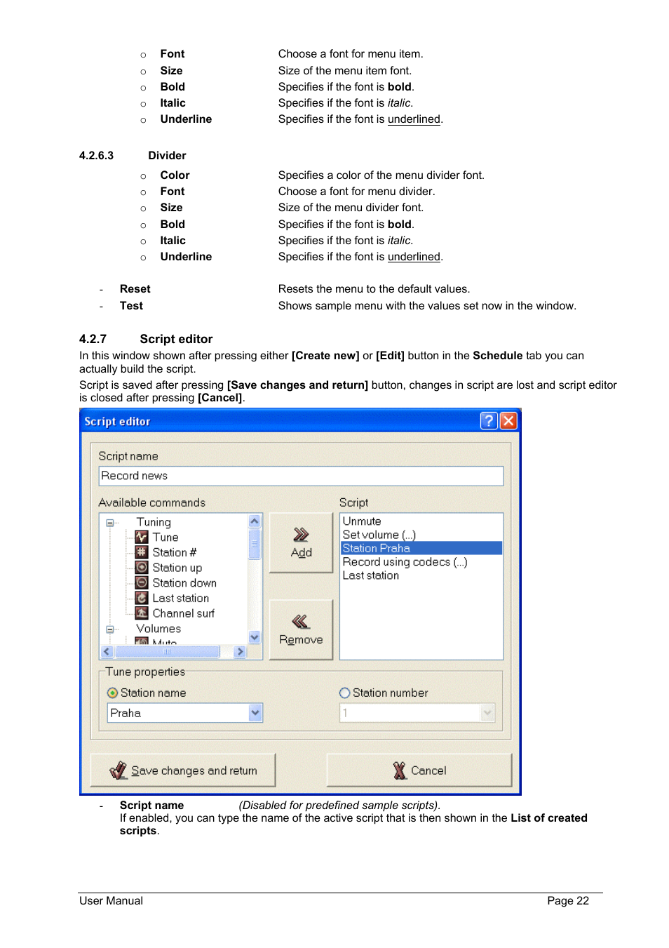 Divider, Script editor | Philips FMU-100 User Manual | Page 22 / 38