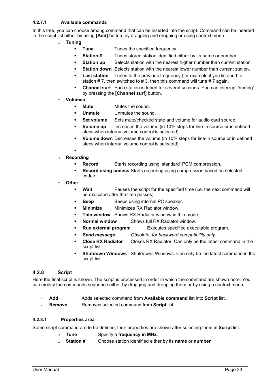Available commands, Script, Properties area | Philips FMU-100 User Manual | Page 23 / 38