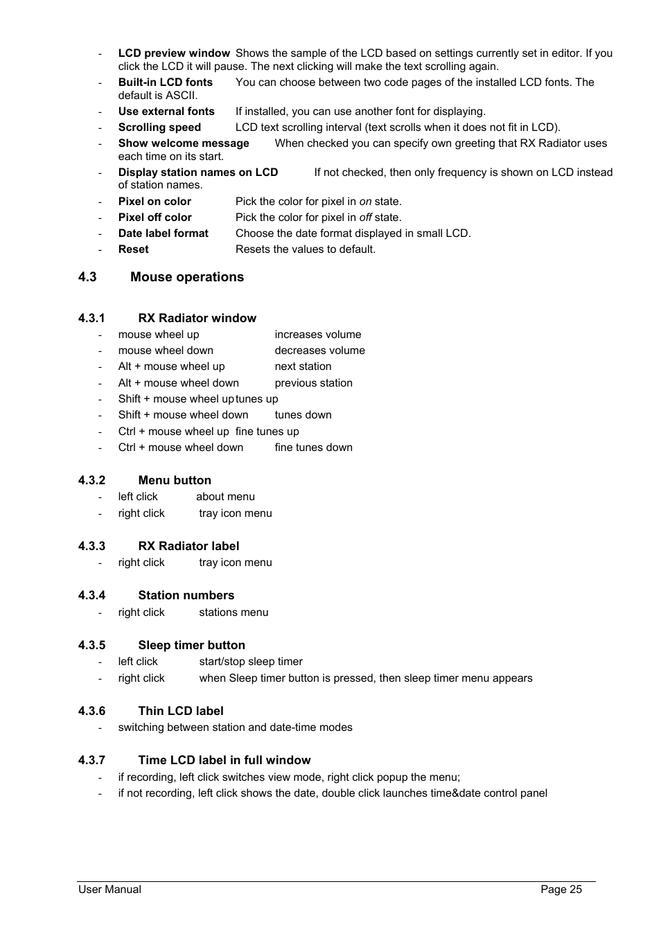 Mouse operations, Rx radiator window, Menu button | Rx radiator label, Station numbers, Sleep timer button, Thin lcd label, Time lcd label in full window | Philips FMU-100 User Manual | Page 25 / 38