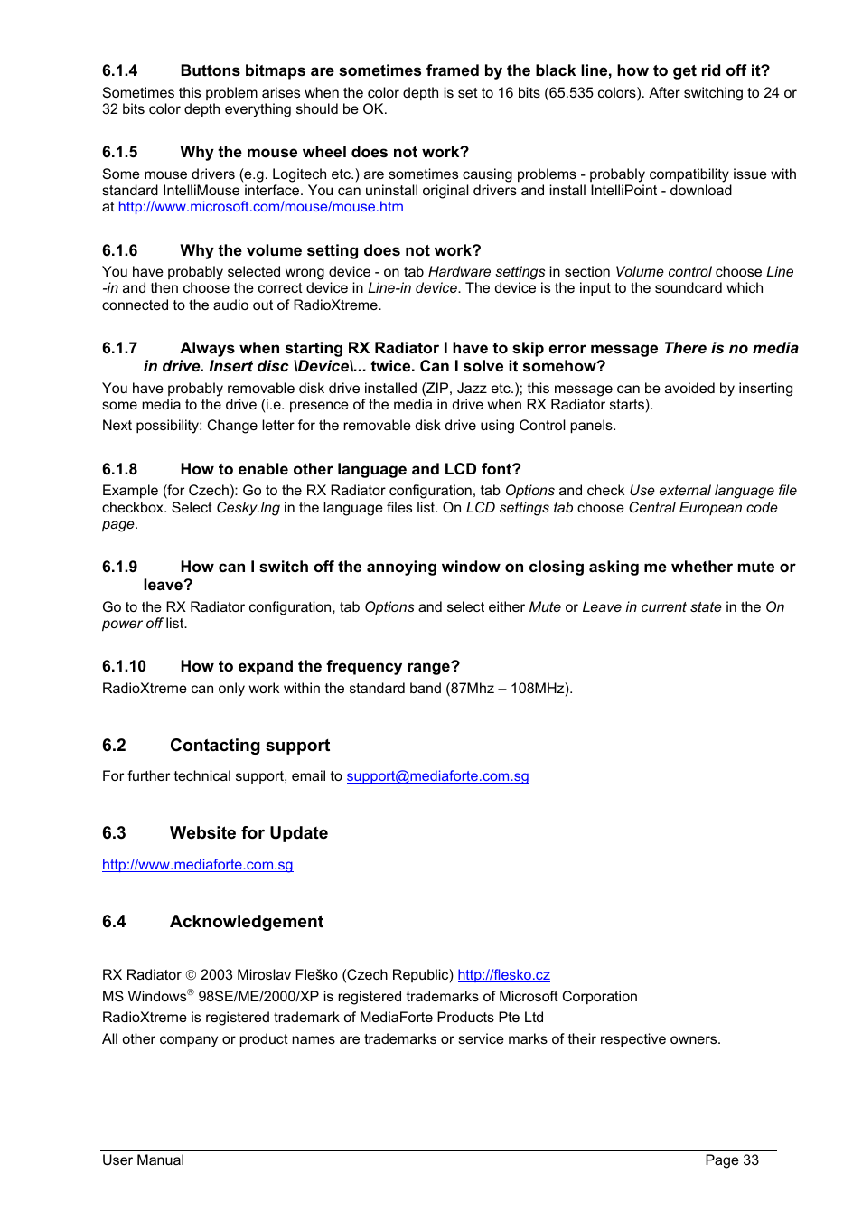 Why the mouse wheel does not work, Why the volume setting does not work, How to enable other language and lcd font | How to expand the frequency range, Contacting support, Website for update, Acknowledgement, Leave | Philips FMU-100 User Manual | Page 33 / 38