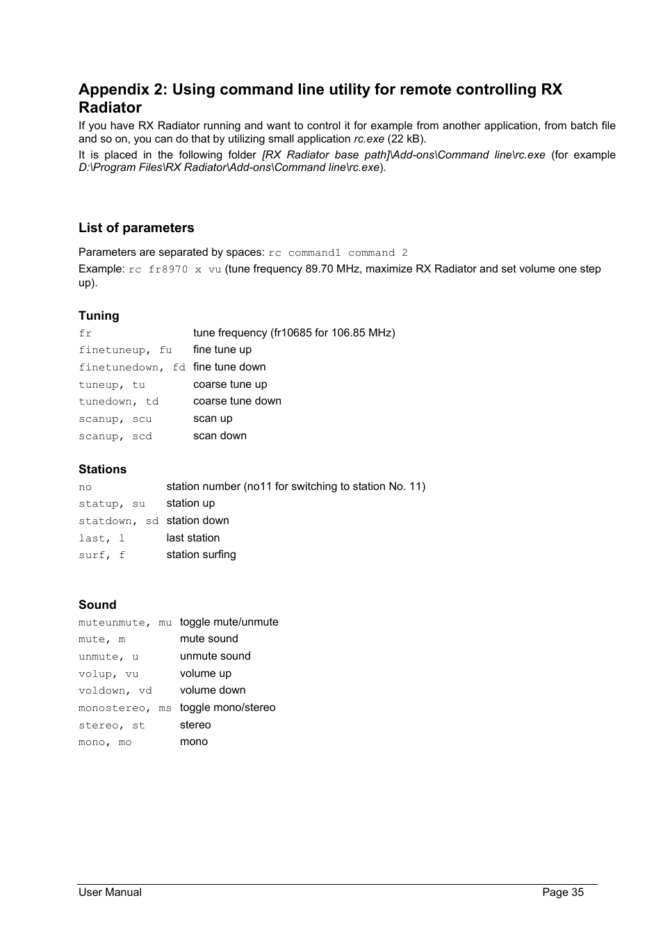 List of parameters, Tuning, Stations | Sound | Philips FMU-100 User Manual | Page 35 / 38