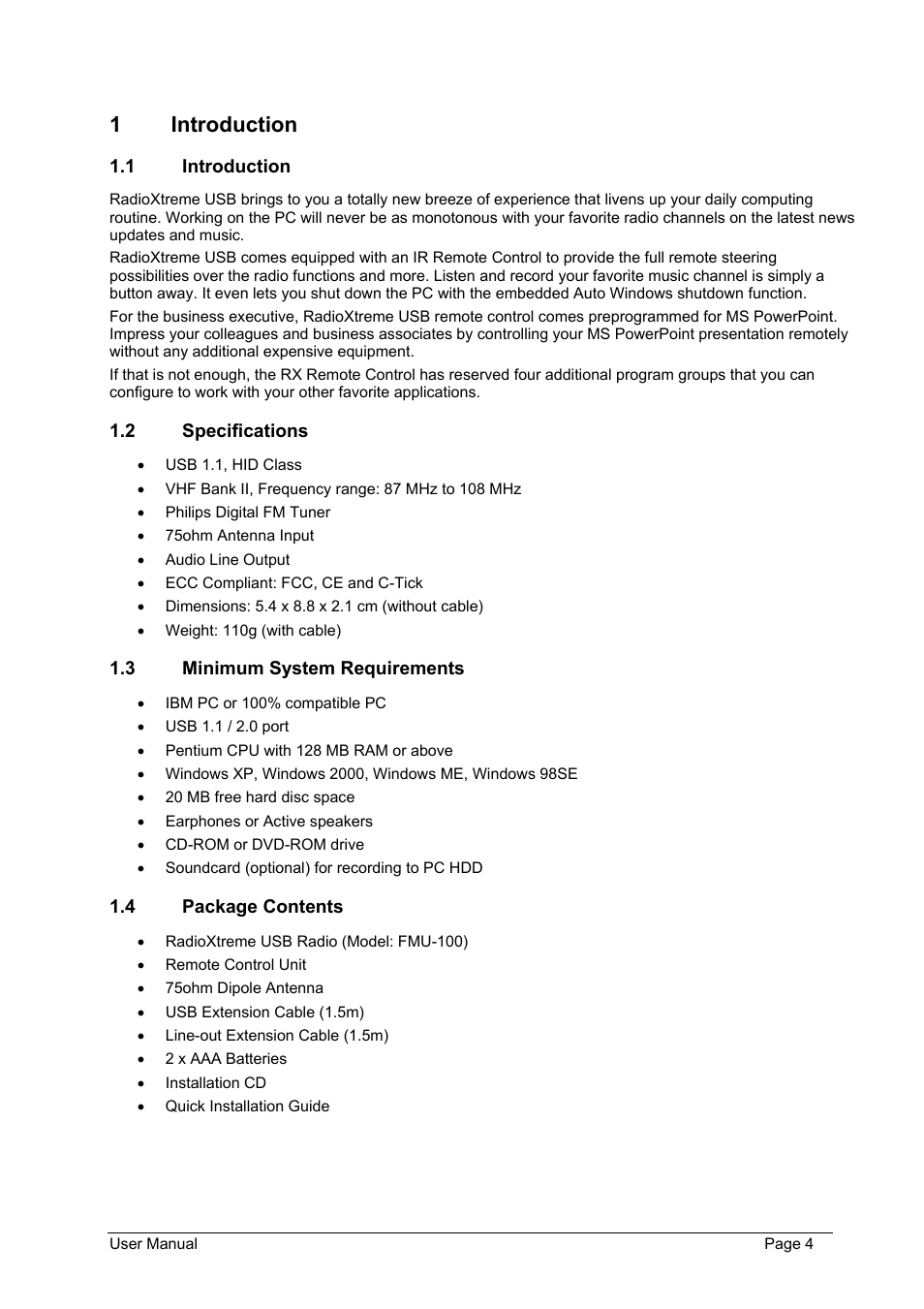 Introduction, Specifications, Minimum system requirements | Package contents, 1 introduction | Philips FMU-100 User Manual | Page 4 / 38