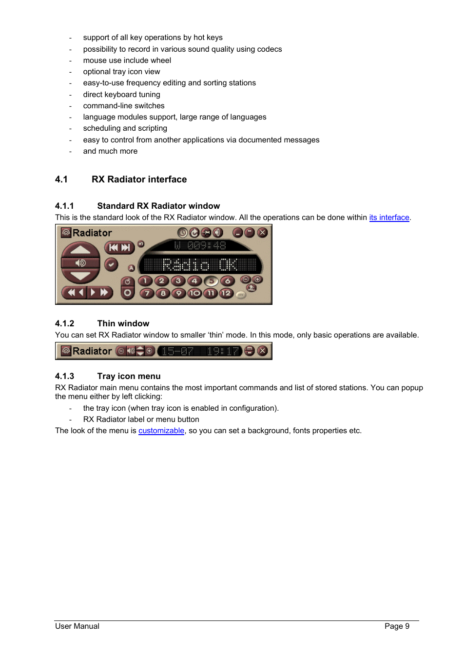 Rx radiator interface, Standard rx radiator window, Thin window | Tray icon menu | Philips FMU-100 User Manual | Page 9 / 38
