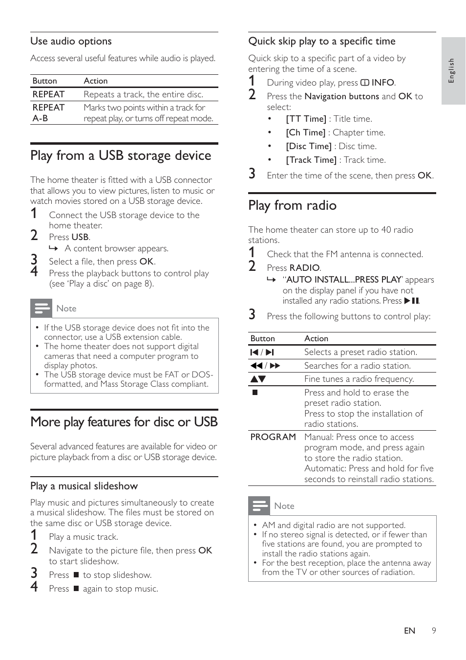 Play from radio, Play from a usb storage device, More play features for disc or usb | Philips HTS2500/55 User Manual | Page 11 / 20
