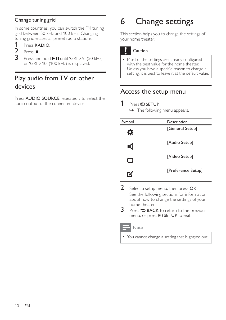 6 change settings, Access the setup menu, Play audio from tv or other devices | Philips HTS2500/55 User Manual | Page 12 / 20