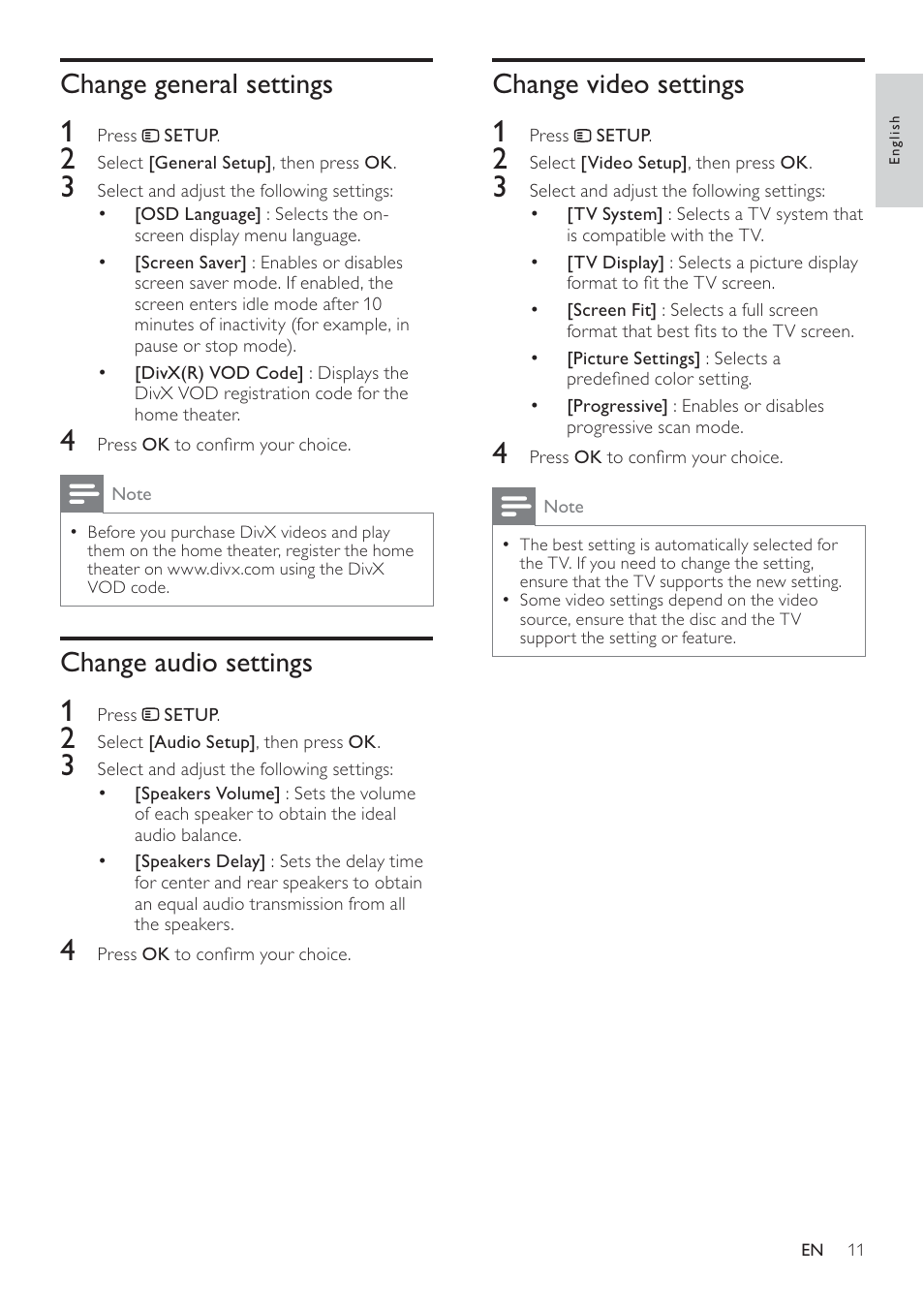 Change video settings, Change general settings, Change audio settings | Philips HTS2500/55 User Manual | Page 13 / 20