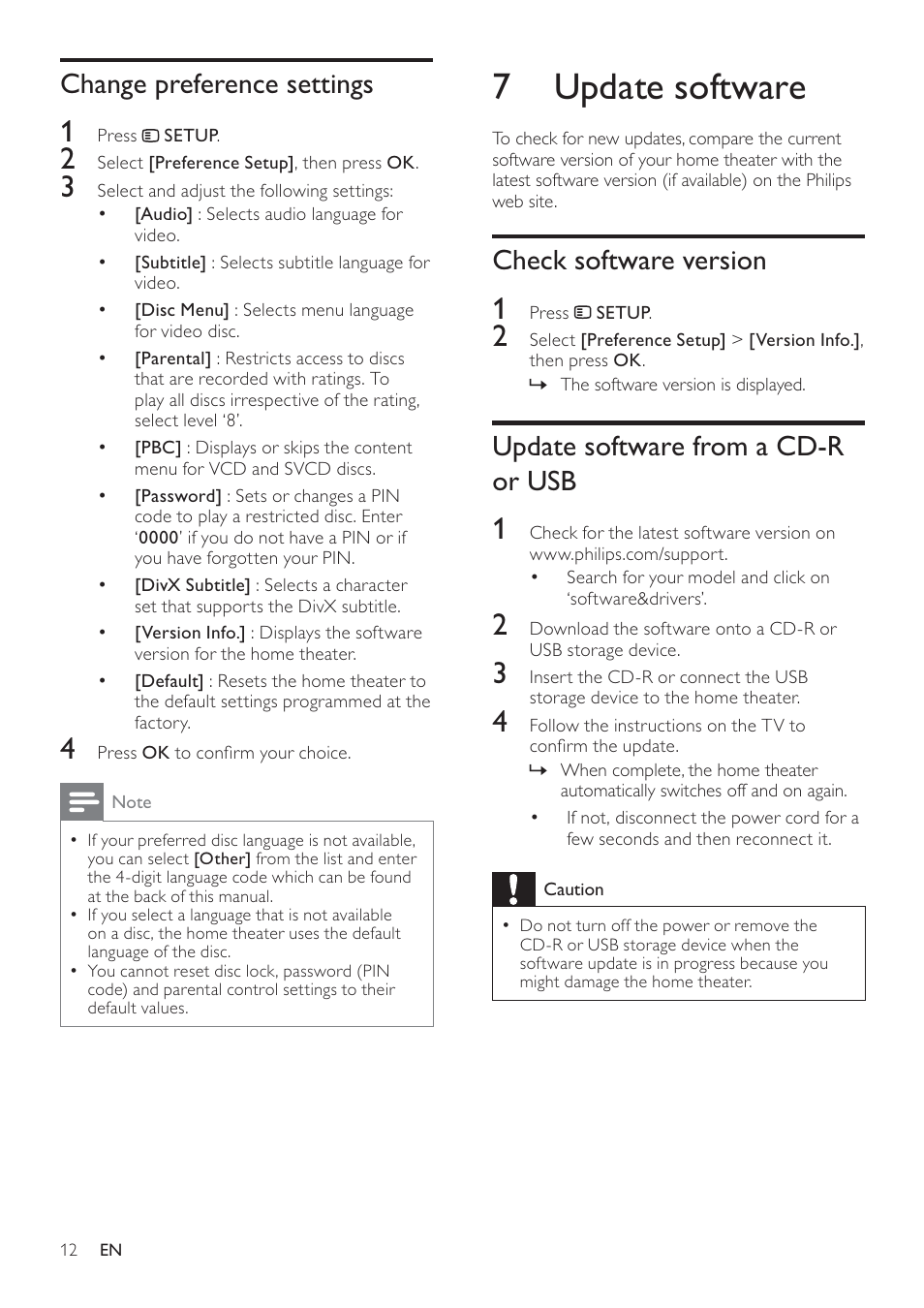 7 update software, Check software version, Update software from a cd-r or usb | Change preference settings | Philips HTS2500/55 User Manual | Page 14 / 20