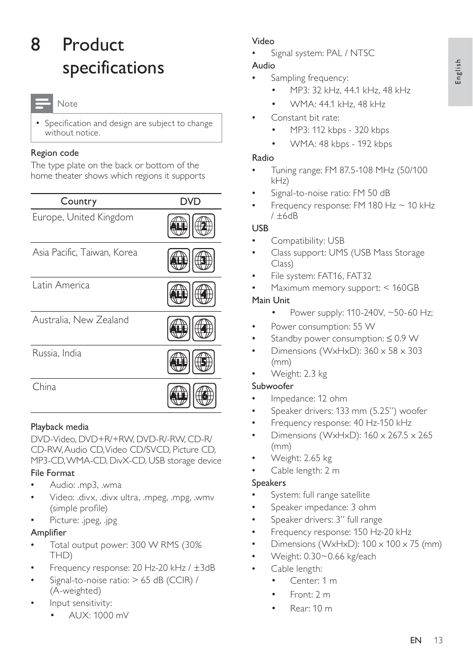 8 product specifications | Philips HTS2500/55 User Manual | Page 15 / 20