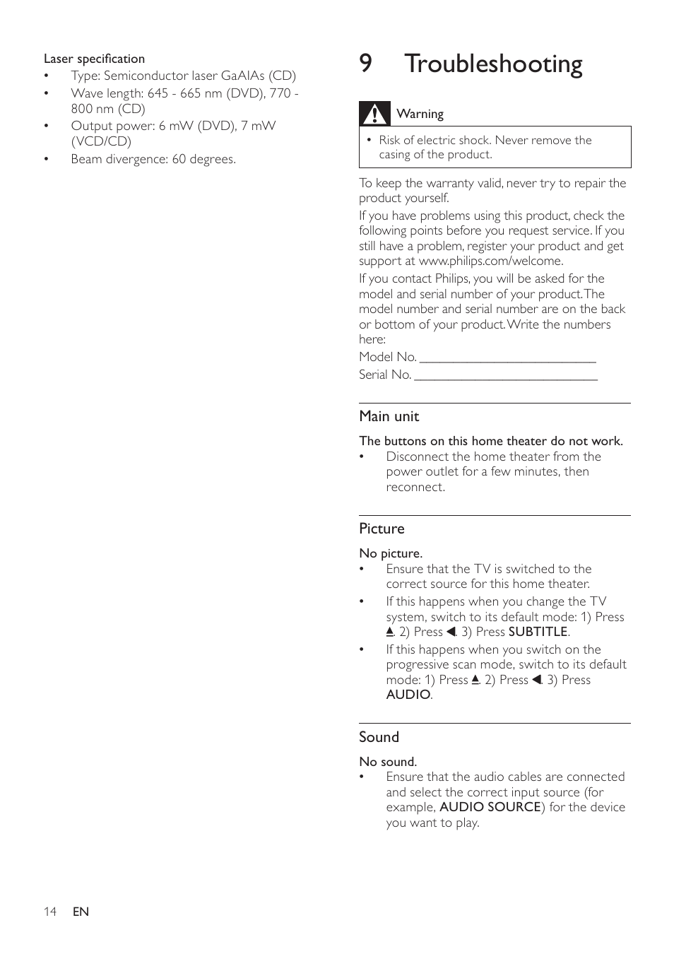 9 troubleshooting | Philips HTS2500/55 User Manual | Page 16 / 20