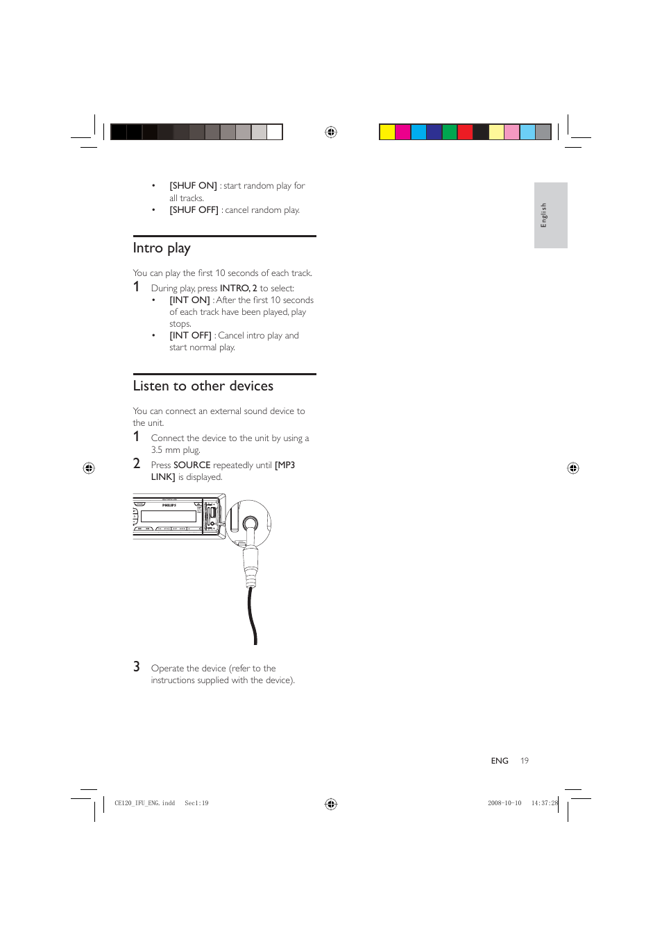 Intro play, Listen to other devices | Philips CAR ENTERTAINMENT SYSTEM CE120 User Manual | Page 19 / 30