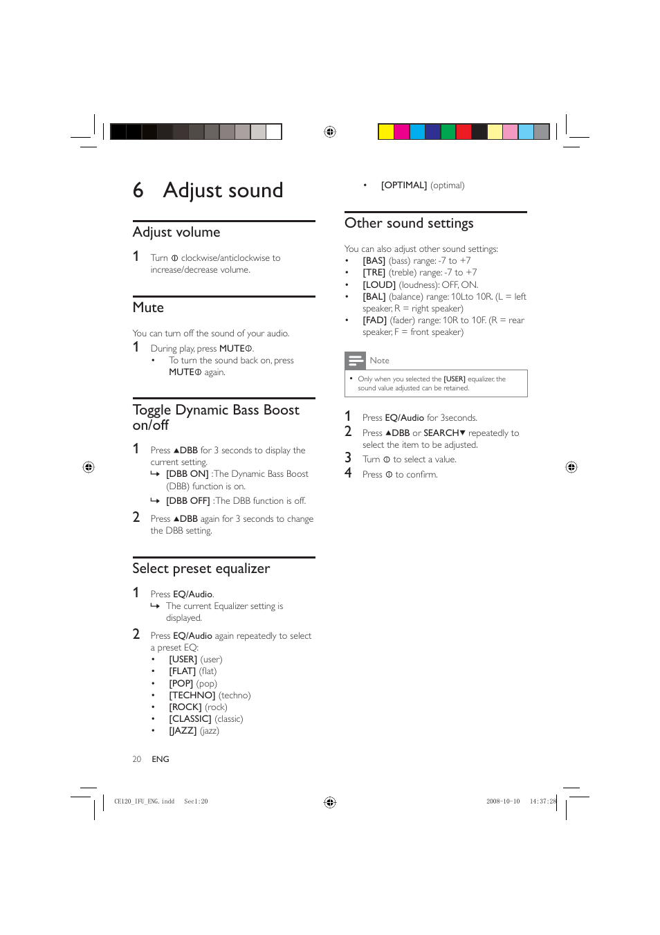 6 adjust sound, Other sound settings, Adjust volume 1 | Mute, Toggle dynamic bass boost on/off 1, Select preset equalizer 1 | Philips CAR ENTERTAINMENT SYSTEM CE120 User Manual | Page 20 / 30