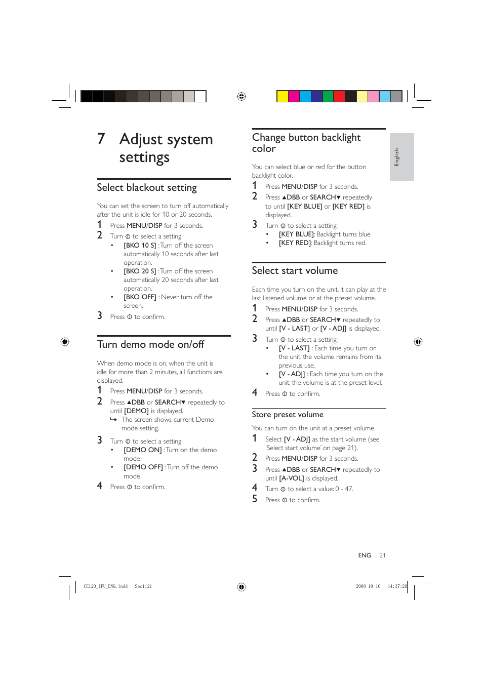 7 adjust system settings, Change button backlight color, Select start volume | Select blackout setting, Turn demo mode on/off | Philips CAR ENTERTAINMENT SYSTEM CE120 User Manual | Page 21 / 30