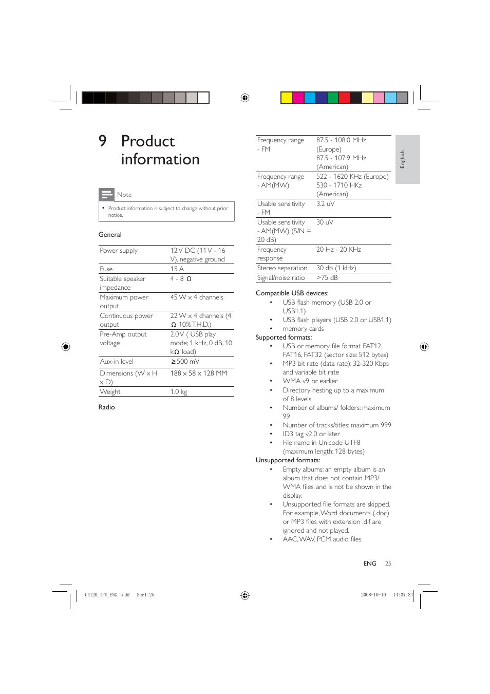 9 product information | Philips CAR ENTERTAINMENT SYSTEM CE120 User Manual | Page 25 / 30