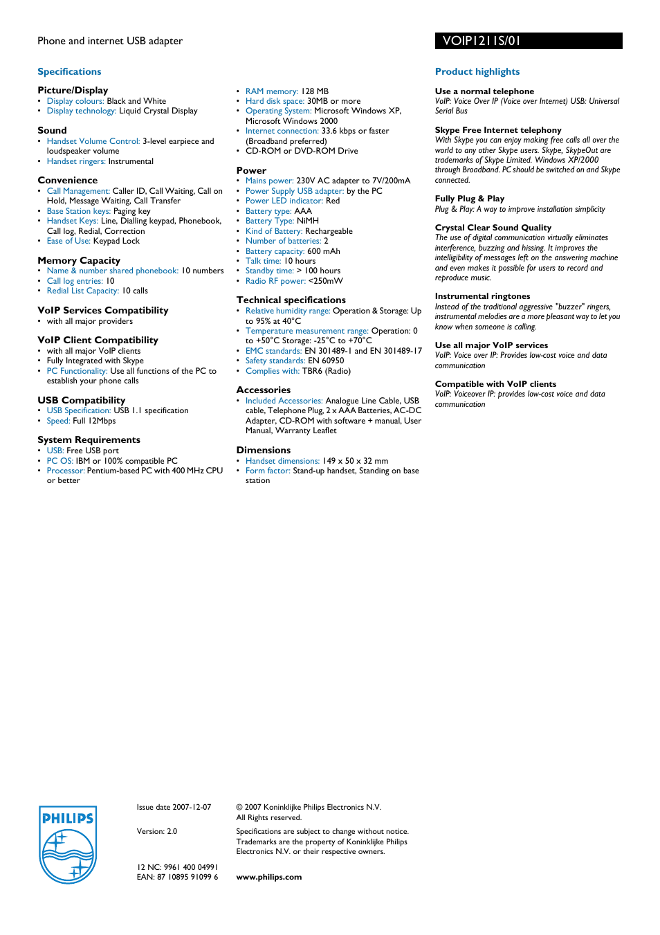 Philips VOIP1211S User Manual | Page 2 / 2