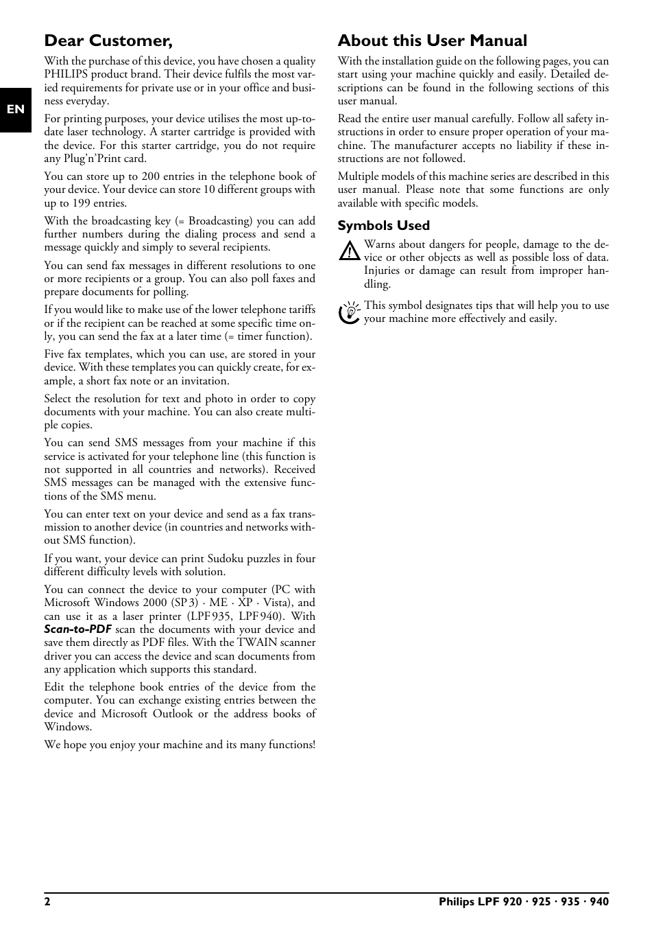 Dear customer, About this user manual, Symbols used | Philips LPF 935 User Manual | Page 2 / 40