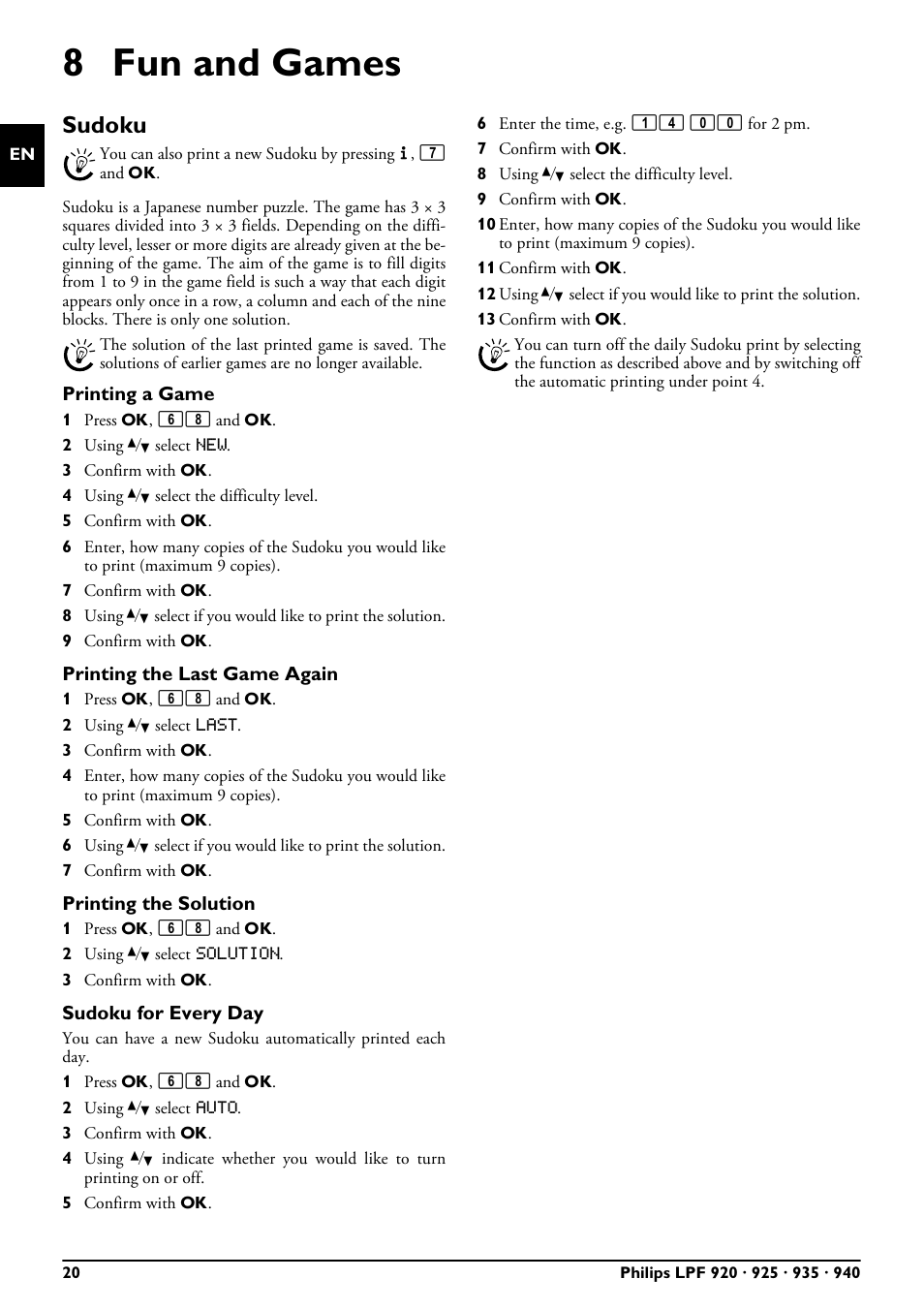 8 fun and games, Sudoku, Printing a game | Printing the last game again, Printing the solution, Sudoku for every day | Philips LPF 935 User Manual | Page 20 / 40
