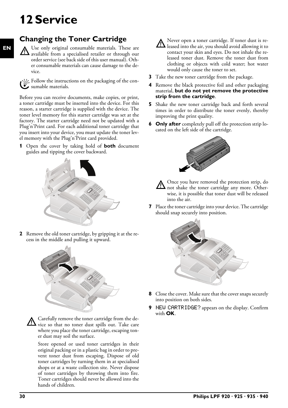 12 service, Changing the toner cartridge | Philips LPF 935 User Manual | Page 30 / 40