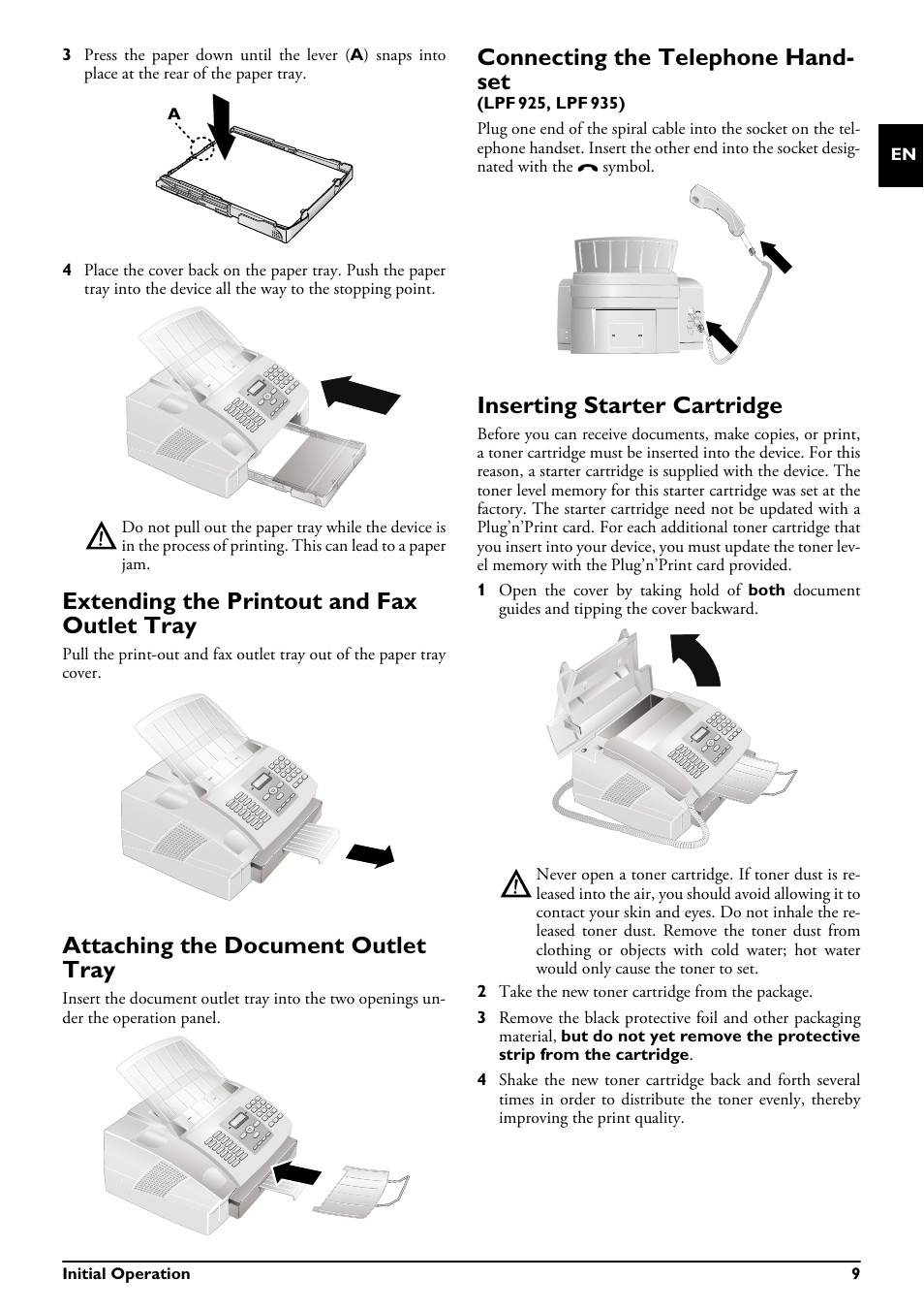 Extending the printout and fax outlet tray, Attaching the document outlet tray, Connecting the telephone handset | Inserting starter cartridge, Connecting the telephone hand- set | Philips LPF 935 User Manual | Page 9 / 40