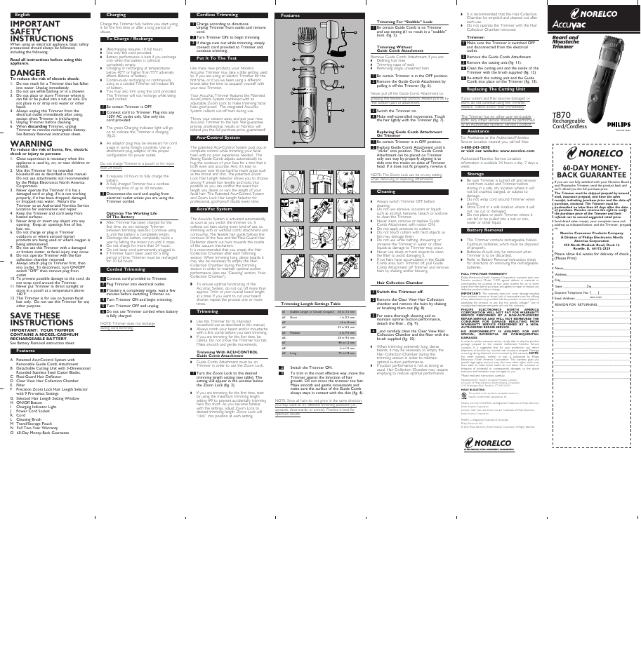 Philips NORELCO T-870 User Manual | 2 pages