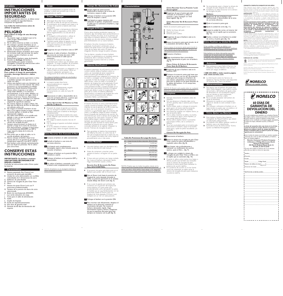 Instrucciones importantes de seguridad, Peligro, Advertencia | Conserve estas instrucciones, 60 días de garantia de devolucíon del dinero | Philips NORELCO T-870 User Manual | Page 2 / 2