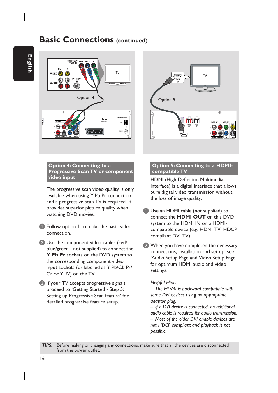 Basic connections, Continued), Follow option 1 to make the basic video connection | Philips HTS6510 User Manual | Page 16 / 53