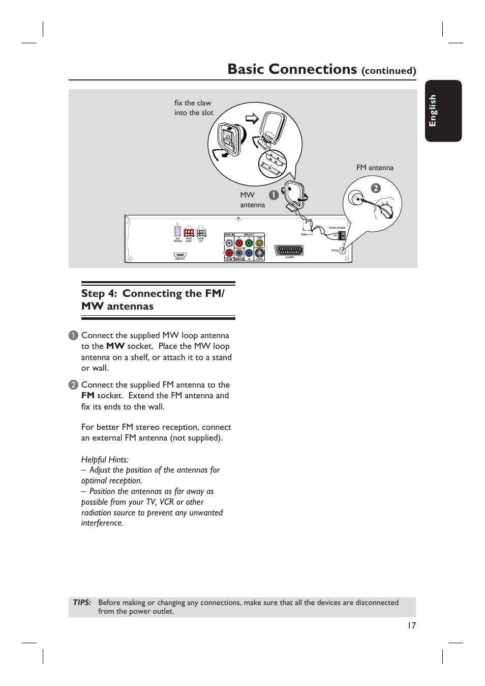 Basic connections, Step 4: connecting the fm/ mw antennas, Continued) | 17 english | Philips HTS6510 User Manual | Page 17 / 53