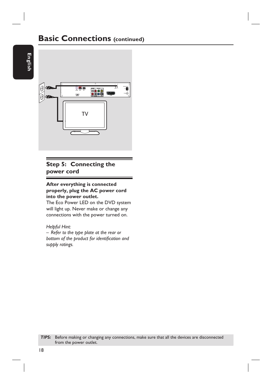 Basic connections, Step 5: connecting the power cord, Continued) | 18 english | Philips HTS6510 User Manual | Page 18 / 53