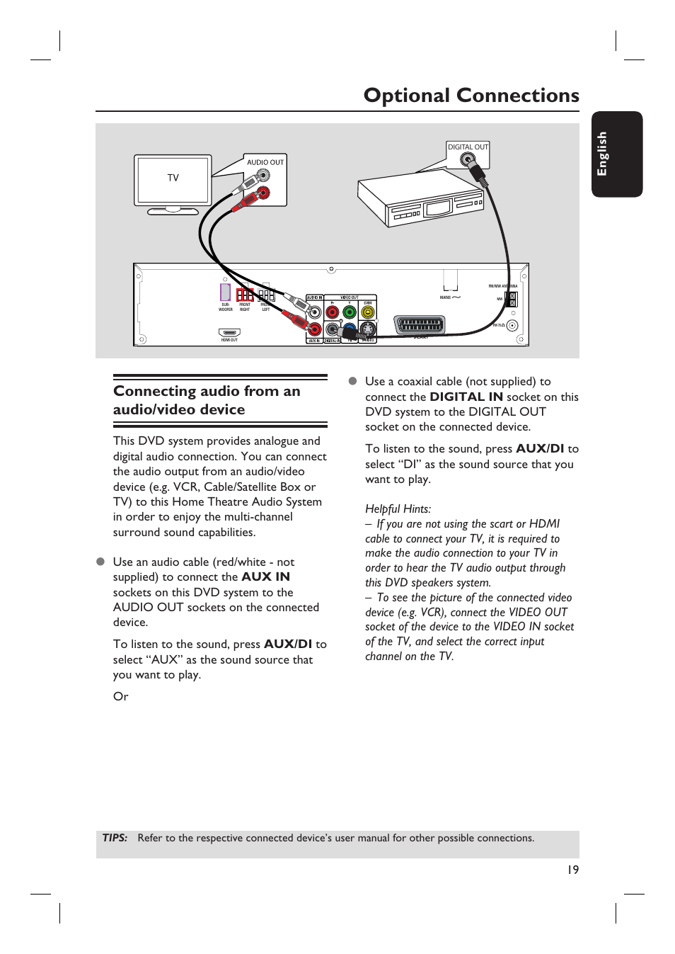 Optional connections, Connecting audio from an audio/video device, 19 english | Philips HTS6510 User Manual | Page 19 / 53