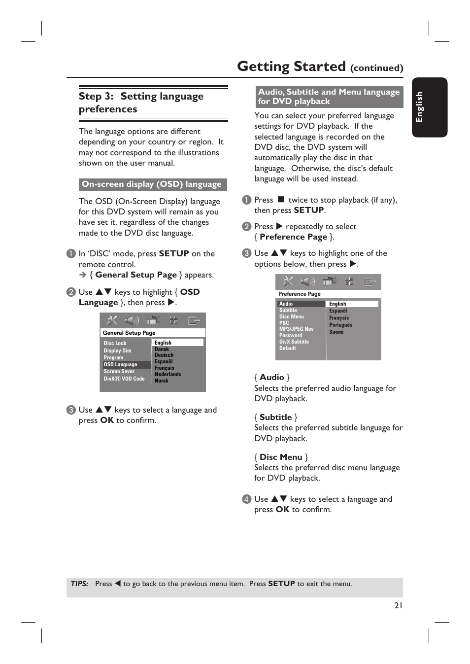 Getting started, Step 3: setting language preferences | Philips HTS6510 User Manual | Page 21 / 53