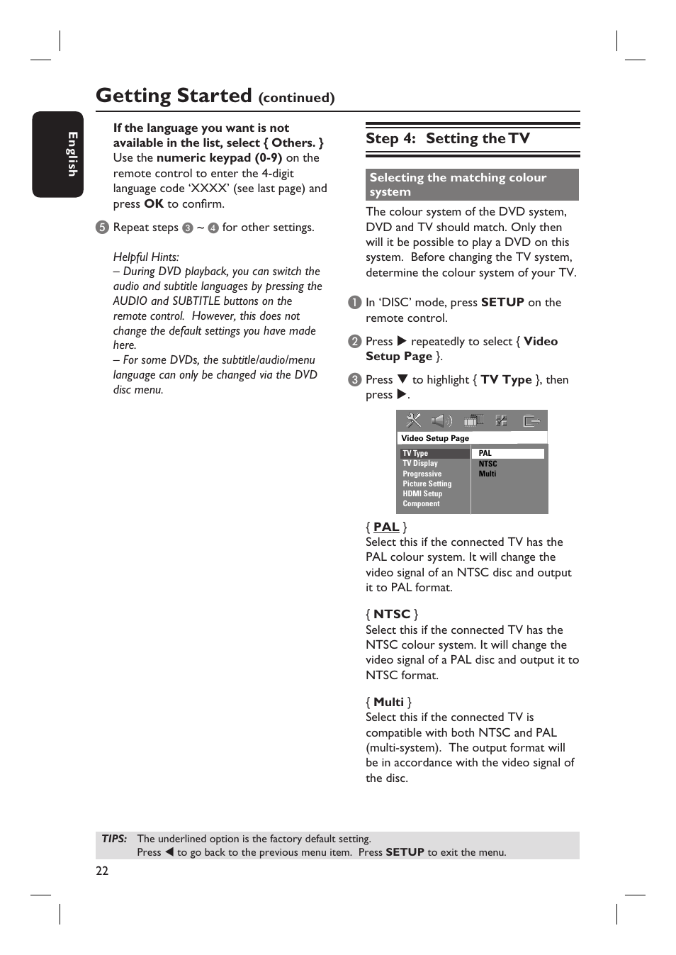 Getting started, Step 4: setting the tv | Philips HTS6510 User Manual | Page 22 / 53