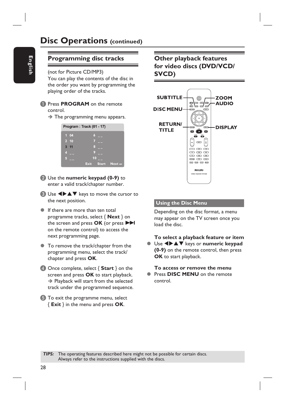 Disc operations, Programming disc tracks | Philips HTS6510 User Manual | Page 28 / 53