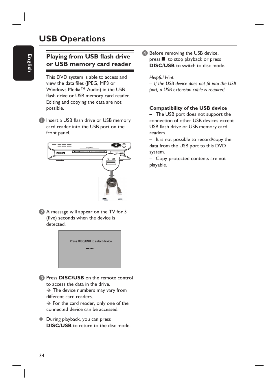 Usb operations | Philips HTS6510 User Manual | Page 34 / 53