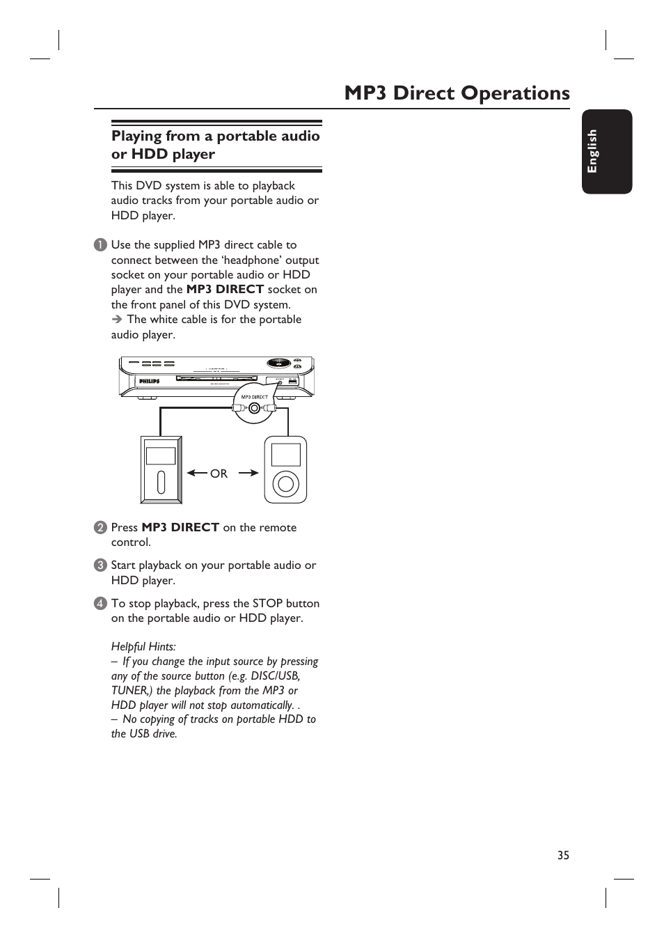 Mp3 direct operations, Playing from a portable audio or hdd player | Philips HTS6510 User Manual | Page 35 / 53