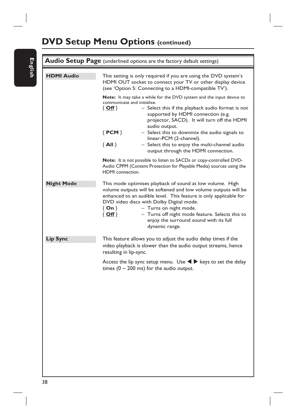 Dvd setup menu options, Audio setup page | Philips HTS6510 User Manual | Page 38 / 53