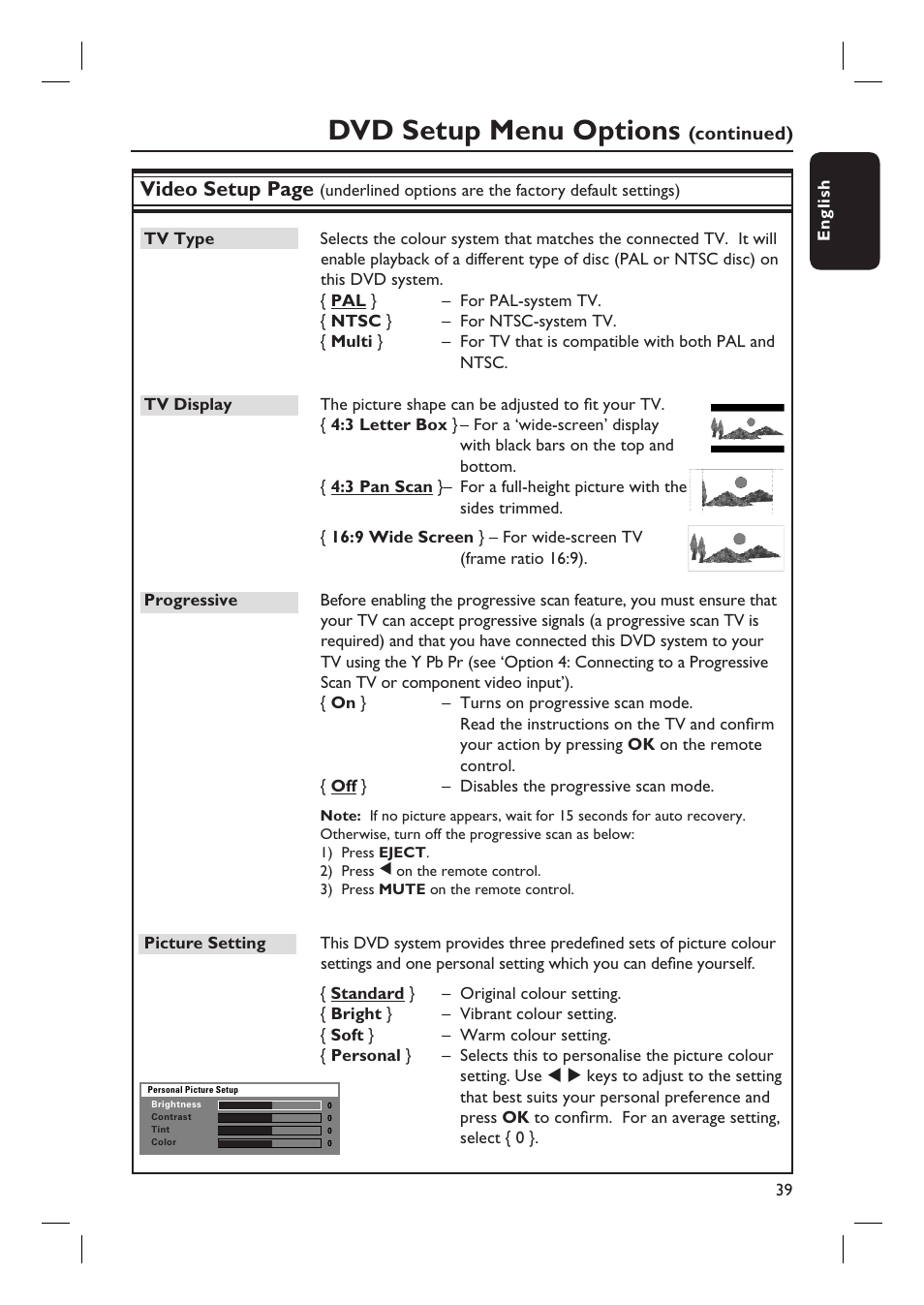 Dvd setup menu options, Video setup page | Philips HTS6510 User Manual | Page 39 / 53