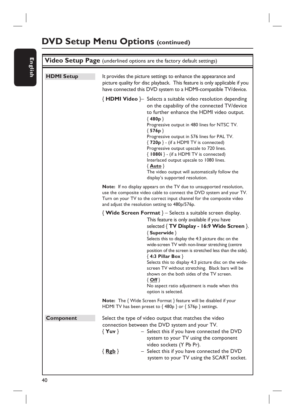 Dvd setup menu options, Video setup page | Philips HTS6510 User Manual | Page 40 / 53
