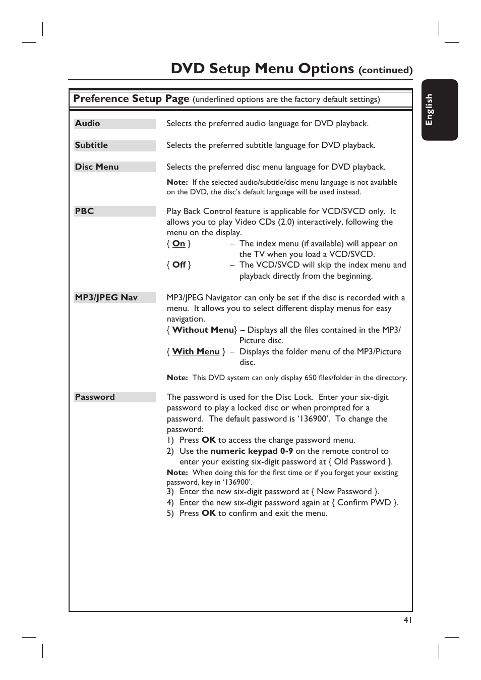 Dvd setup menu options, Preference setup page | Philips HTS6510 User Manual | Page 41 / 53