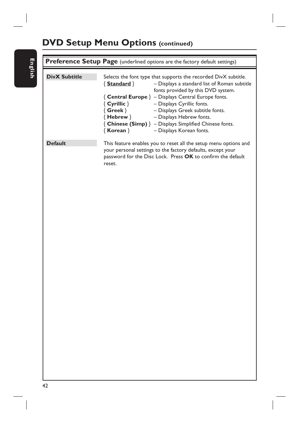 Dvd setup menu options | Philips HTS6510 User Manual | Page 42 / 53
