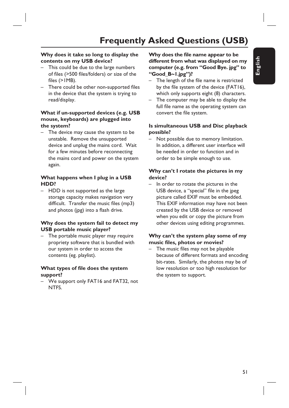 Frequently asked questions (usb) | Philips HTS6510 User Manual | Page 51 / 53