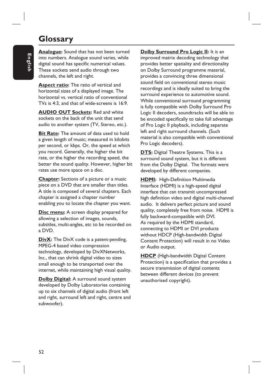 Glossary | Philips HTS6510 User Manual | Page 52 / 53