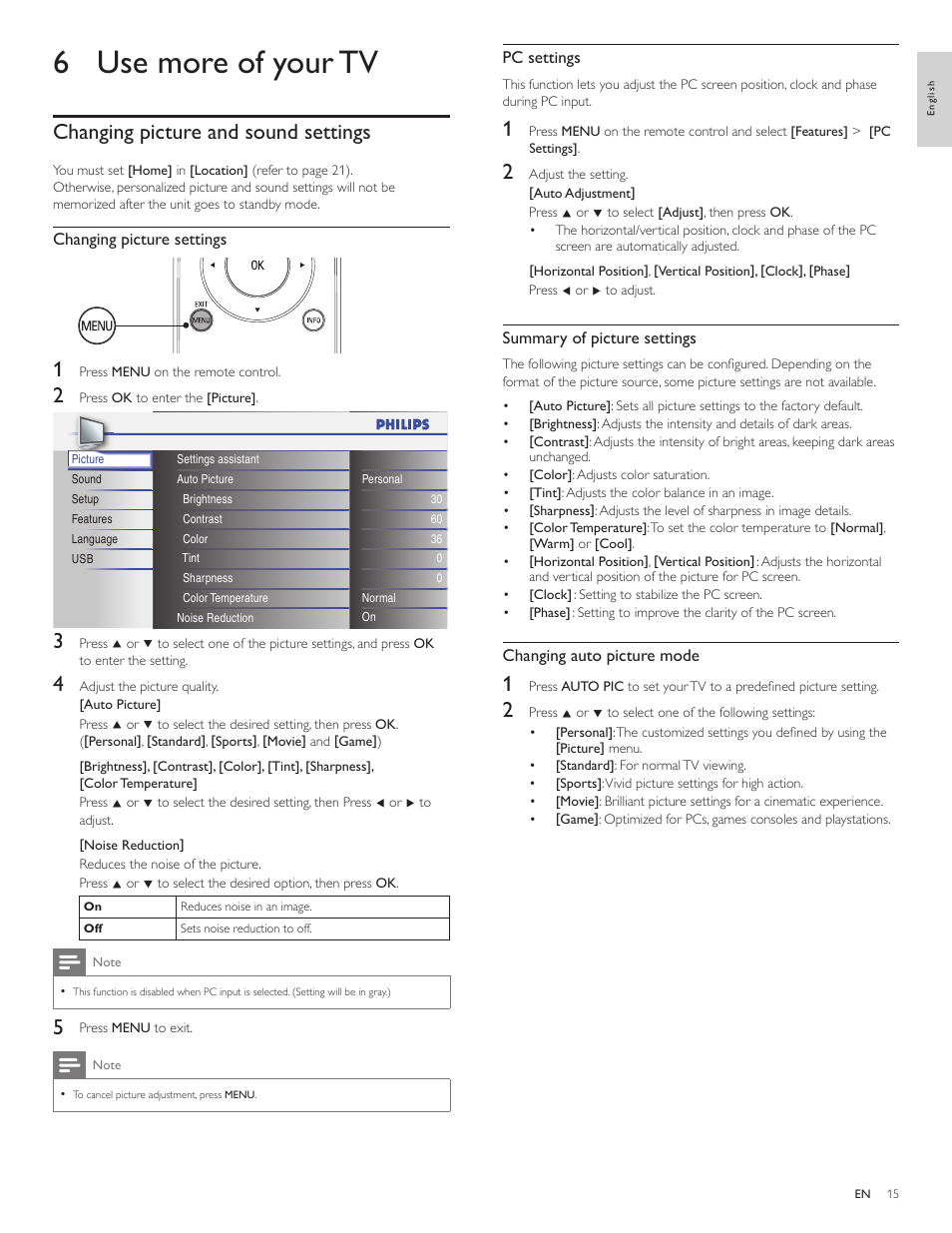 6 use more of your tv, Changing picture and sound settings | Philips 19PFL3505D User Manual | Page 16 / 36