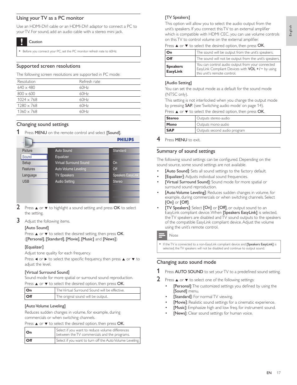 Using your tv as a pc monitor, Supported screen resolutions, Changing sound settings | Summary of sound settings, Changing auto sound mode | Philips 19PFL3505D User Manual | Page 18 / 36