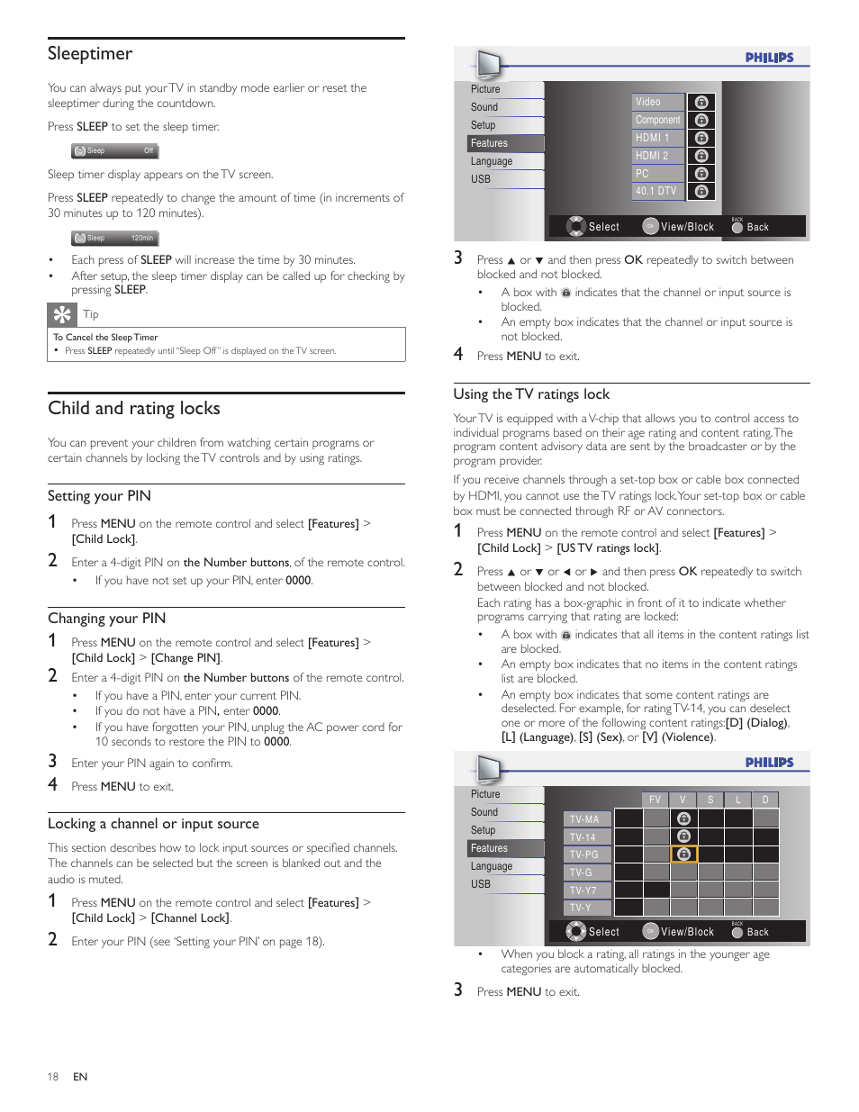 Sleeptimer, Child and rating locks | Philips 19PFL3505D User Manual | Page 19 / 36