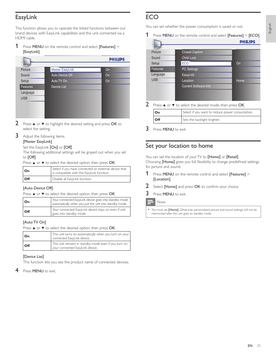 Easylink, Set your location to home | Philips 19PFL3505D User Manual | Page 22 / 36